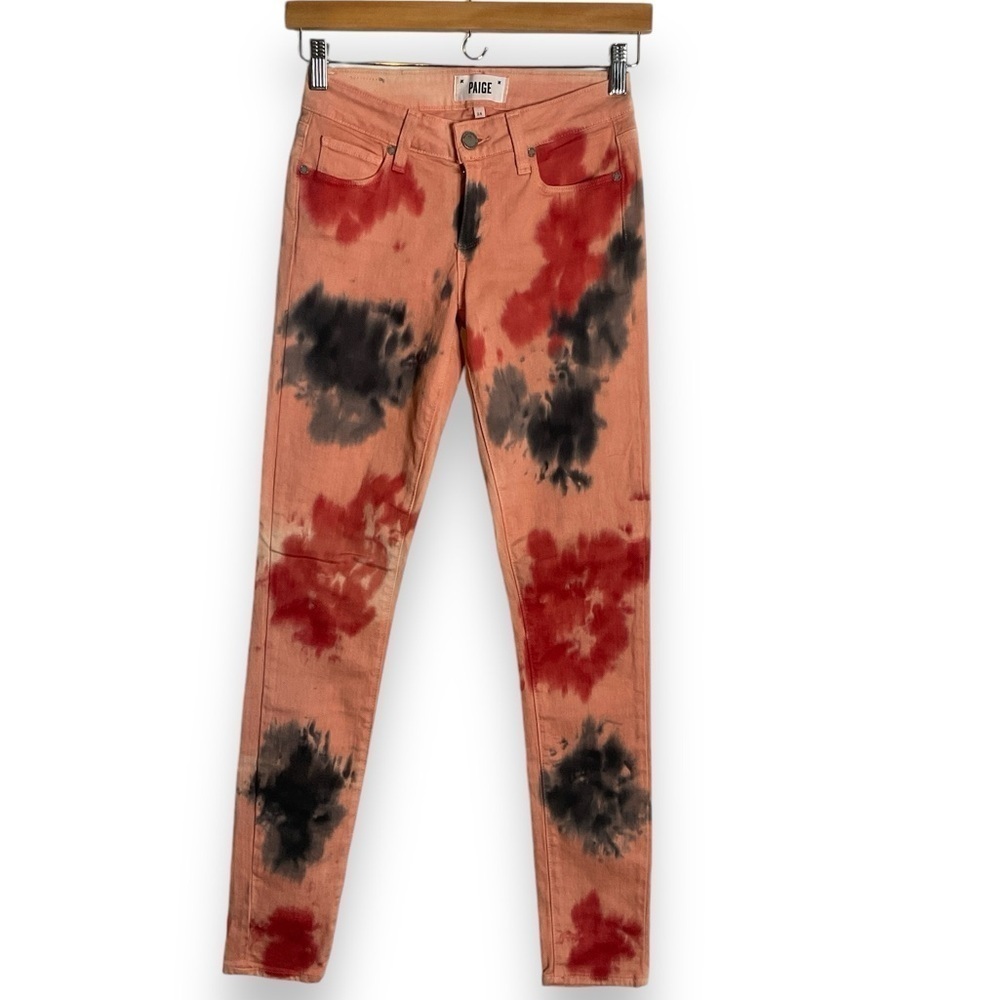 PAIGE Coral Orange Tie Dye Low Rise Verdugo Ultra Skinny Size 24